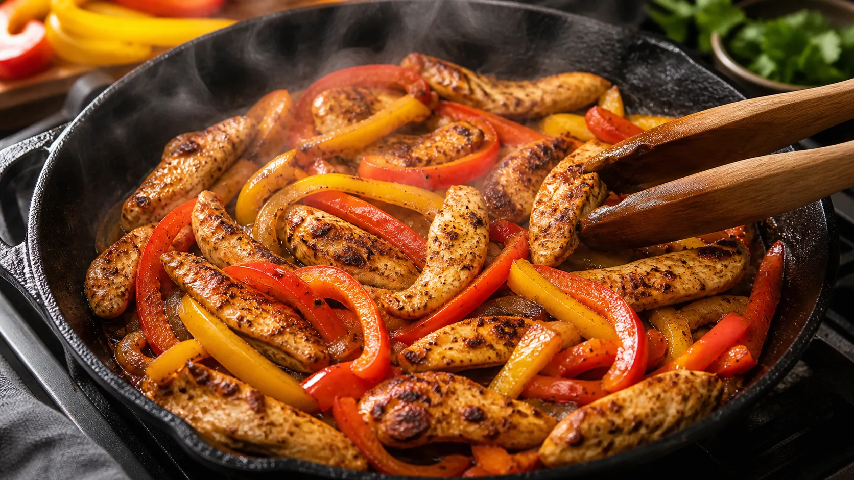 Hähnchenbrust und Paprikastreifen werden in einer heissen Pfanne scharf angebraten für die Keto-Fajita-Pfanne