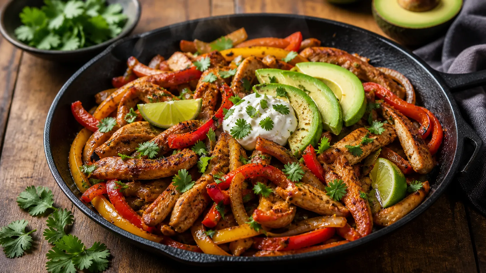 Keto-Hähnchen-Fajita-Pfanne mit bunten Paprikastreifen, Avocado-Scheiben und Sauerrahm in einer gusseisernen Pfanne