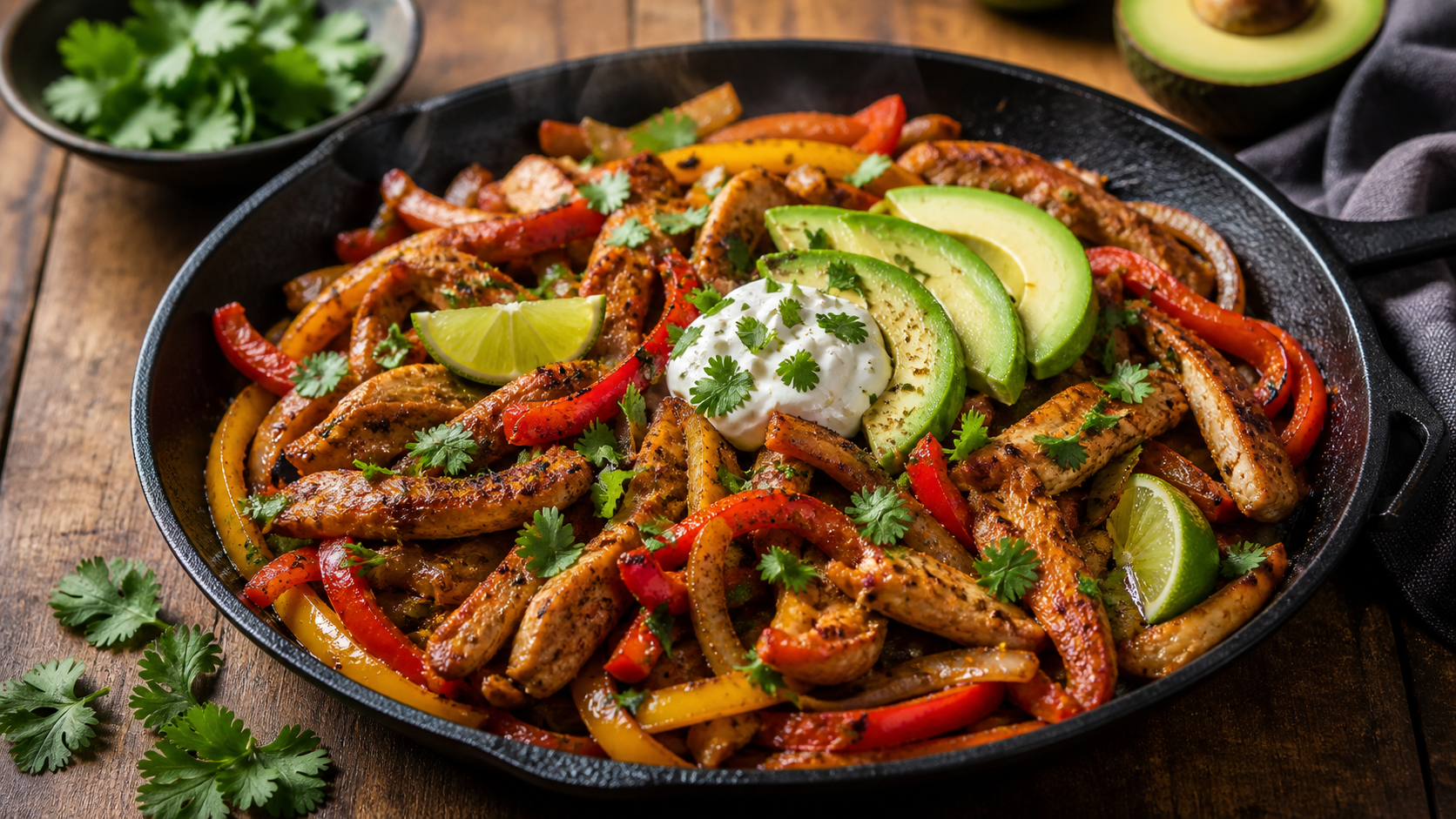 Keto-Hähnchen-Fajita-Pfanne mit bunten Paprikastreifen, Avocado-Scheiben und Sauerrahm in einer gusseisernen Pfanne