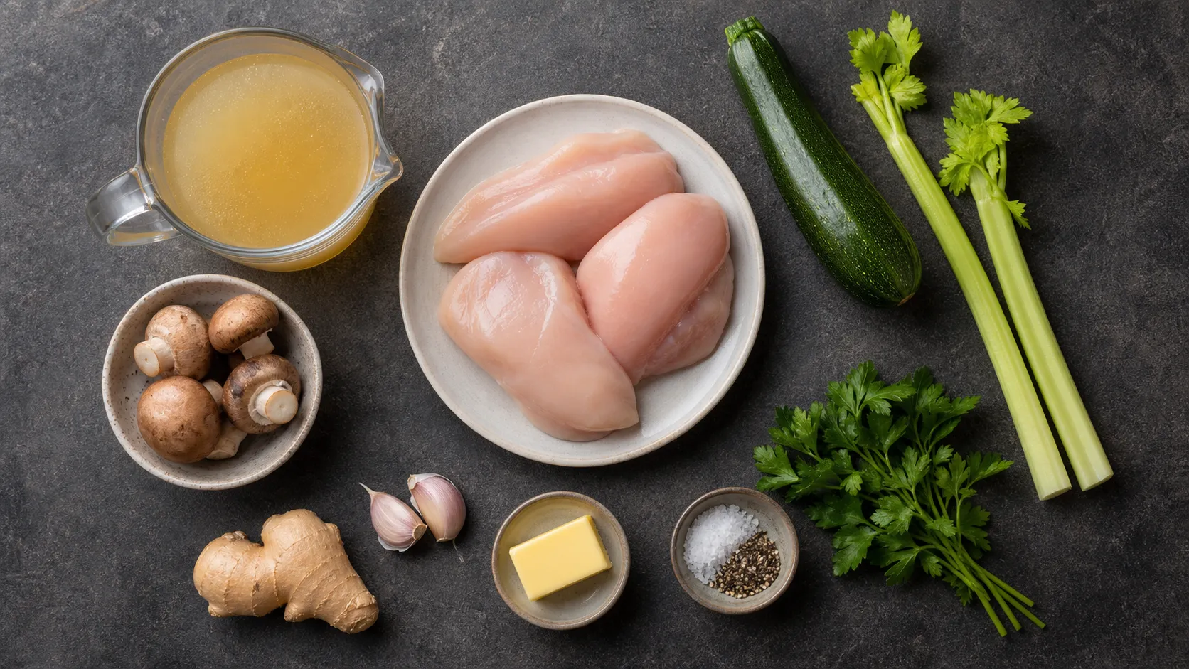 Zutaten für Keto-Hähnchensuppe: Hähnchenbrust, Zucchini, Staudensellerie, Champignons, Ingwer und Knoblauch