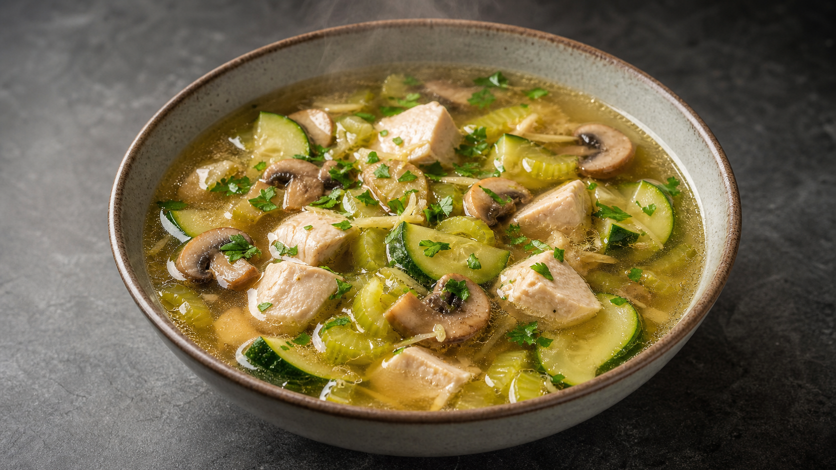 Klare Keto-Hähnchen-Gemüsesuppe mit Zucchini, Sellerie, Champignons und Ingwer in einer Schale mit Petersilie