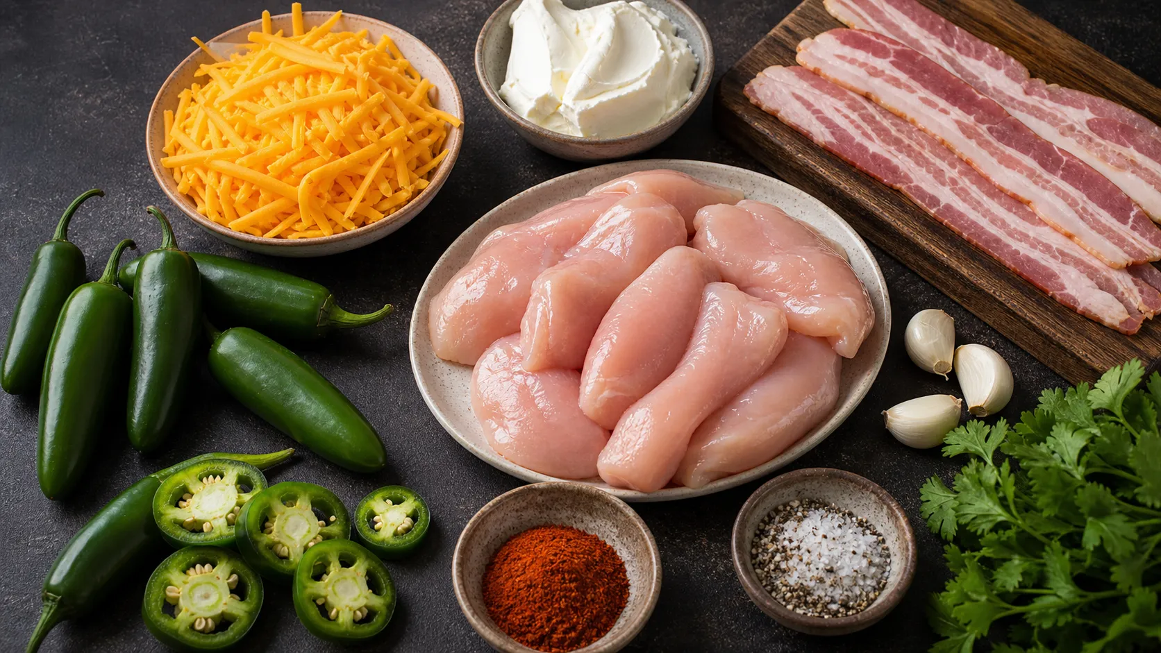 Zutaten für die Keto Hähnchen-Jalapeno-Popper-Pfanne: Hähnchenbrust, Jalapenos, Frischkäse, Cheddar, Bacon, Knoblauch und Gewürze