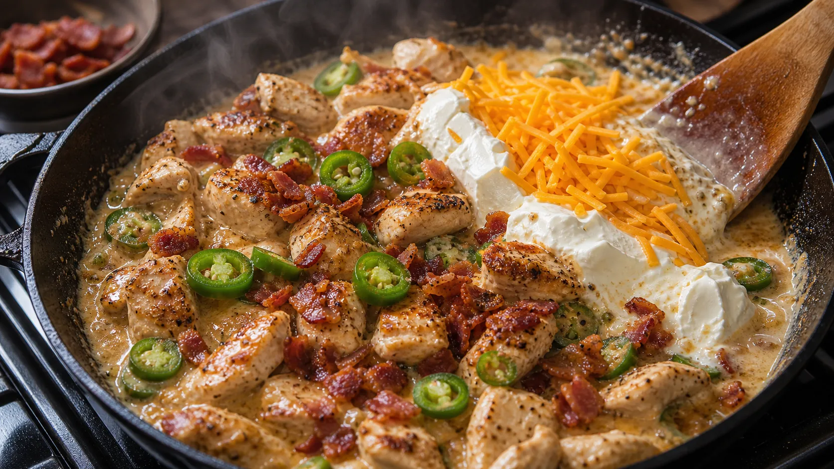 Hähnchenbrust wird in der Pfanne angebraten und mit Jalapeno-Ringen und Cheddar belegt für die Keto-Jalapeno-Popper-Pfanne