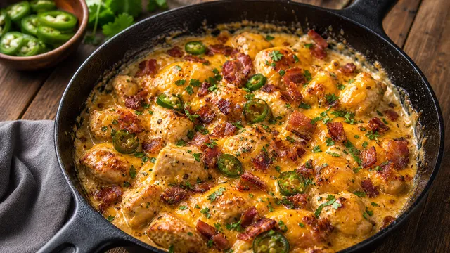 Keto Hähnchen-Jalapeno-Popper-Pfanne mit geschmolzenem Cheddar, knusprigem Bacon und Jalapeno-Ringen in einer Gusseisenpfanne