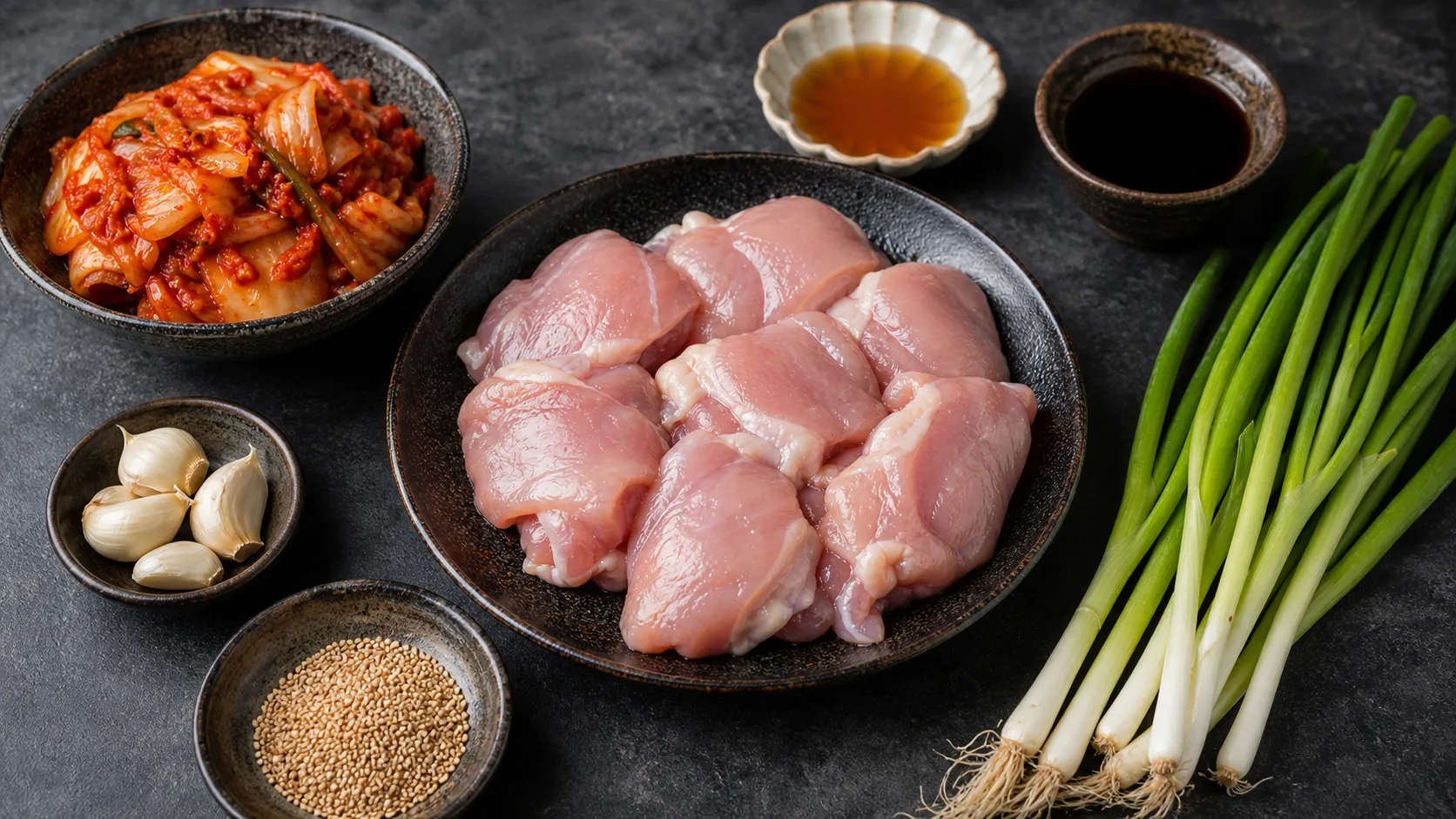 Zutaten für die Keto-Hähnchen-Kimchi-Pfanne: Hähnchenschenkel, Kimchi, Sesamöl, Sojasauce, Frühlingszwiebeln, Knoblauch und Sesamsaat