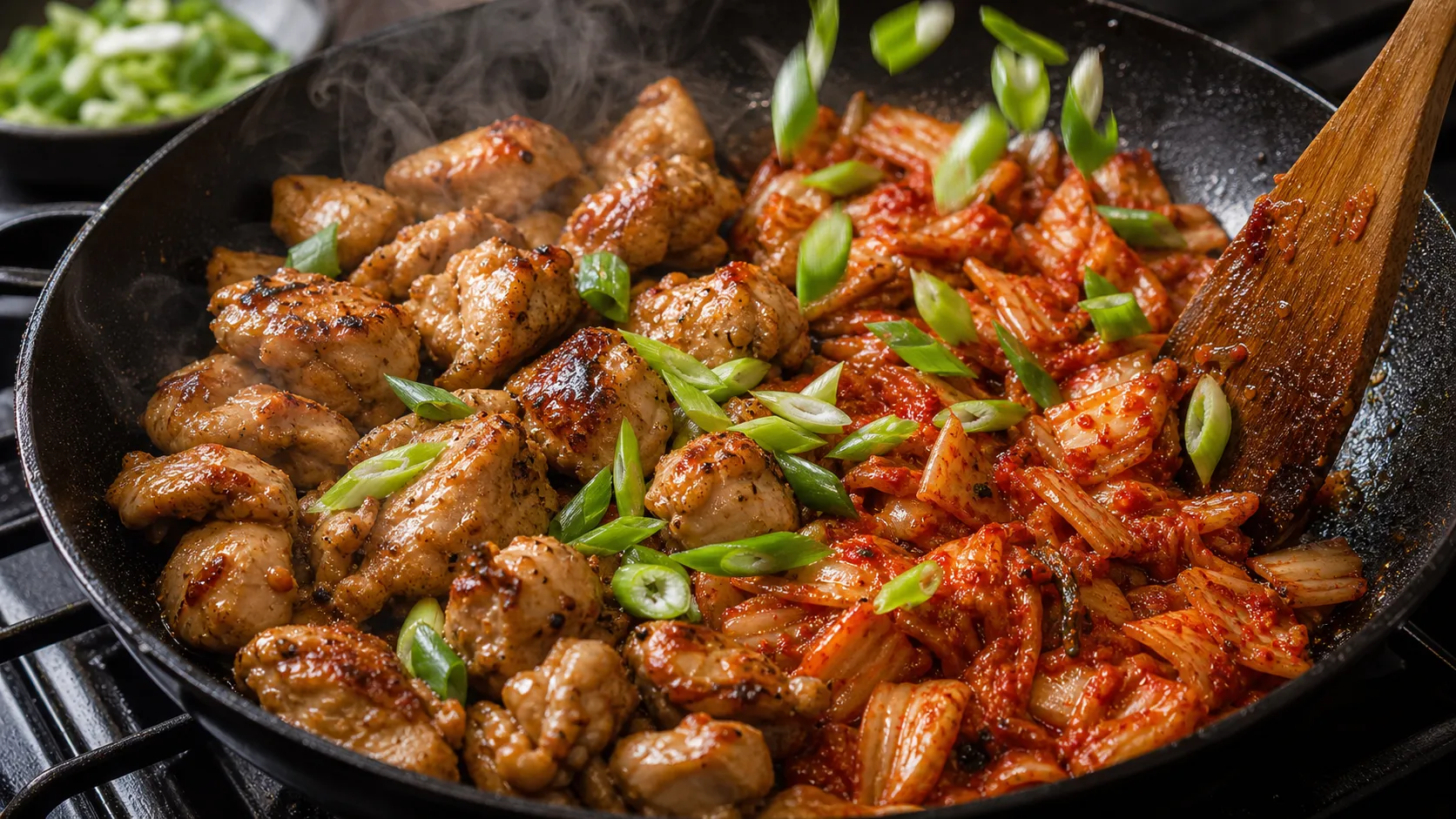 Kimchi wird in einer heissen Pfanne neben gebratenen Hähnchenstücken karamellisiert