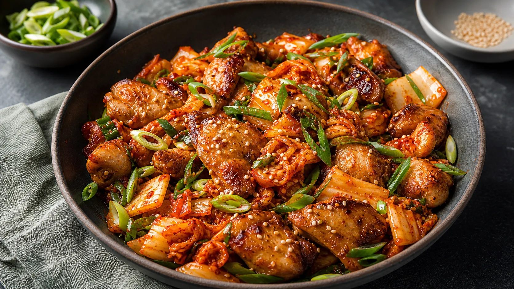 Keto-Hähnchen-Kimchi-Pfanne mit gebratenen Hähnchenschenkeln, karamellisiertem Kimchi, Frühlingszwiebeln und Sesam in einem tiefen Teller