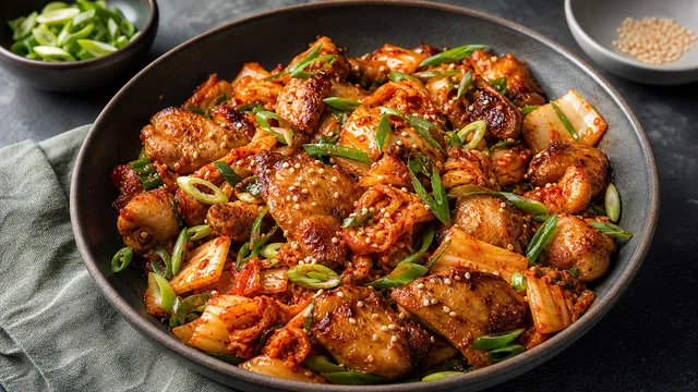 Keto-Hähnchen-Kimchi-Pfanne mit gebratenen Hähnchenschenkeln, karamellisiertem Kimchi, Frühlingszwiebeln und Sesam in einem tiefen Teller