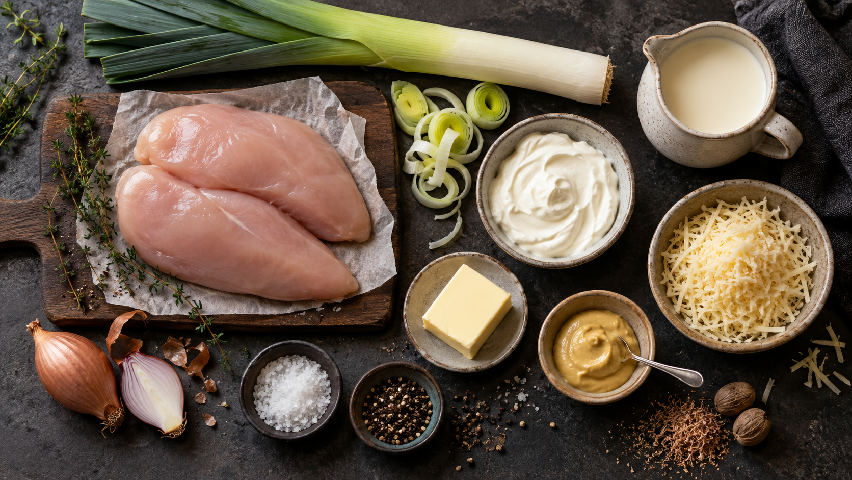 Zutaten für Keto-Hähnchen-Lauch-Auflauf: Hähnchenbrustfilet, Lauchstangen, Frischkäse, Sahne, geriebener Bergkäse und Senf
