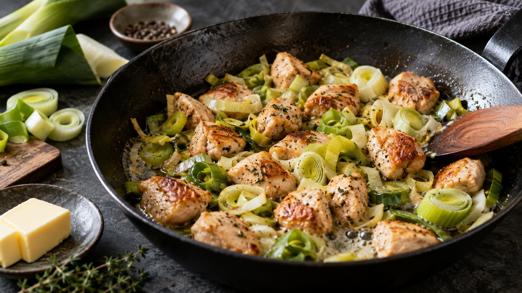 Lauchringe dünsten in Butter in einer Pfanne, daneben angebratene Hähnchenwürfel