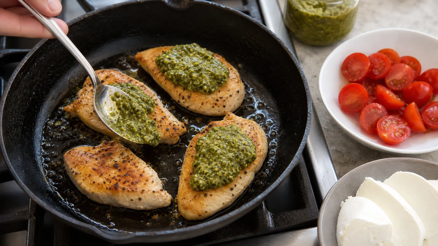 Gebratene Hähnchenbrust wird in der Pfanne mit Basilikum-Pesto bestrichen für die Keto-Hähnchen-Pesto-Mozzarella-Pfanne
