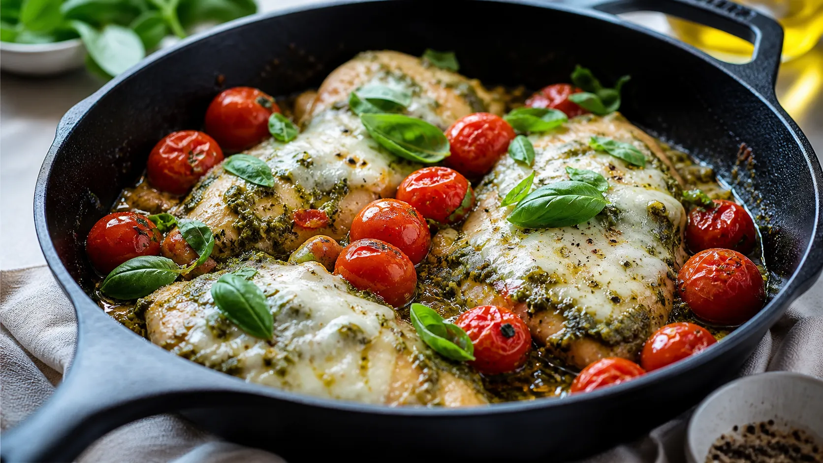 Keto-Hähnchen-Pesto-Pfanne mit geschmolzenem Mozzarella, Cherry-Tomaten und frischem Basilikum in einer Gusseisenpfanne