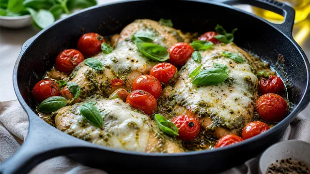 Keto-Hähnchen-Pesto-Pfanne mit geschmolzenem Mozzarella, Cherry-Tomaten und frischem Basilikum in einer Gusseisenpfanne