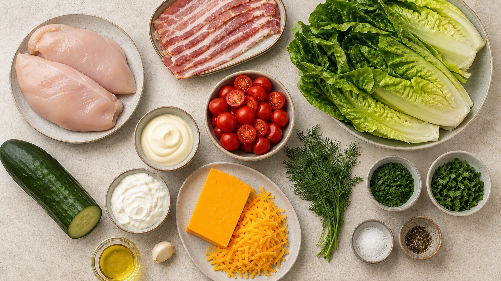 Zutaten für Keto Hähnchen-Ranch-Salat: Hähnchenbrust, Speck, Salat, Cherry-Tomaten, Cheddar, Mayonnaise und Kräuter