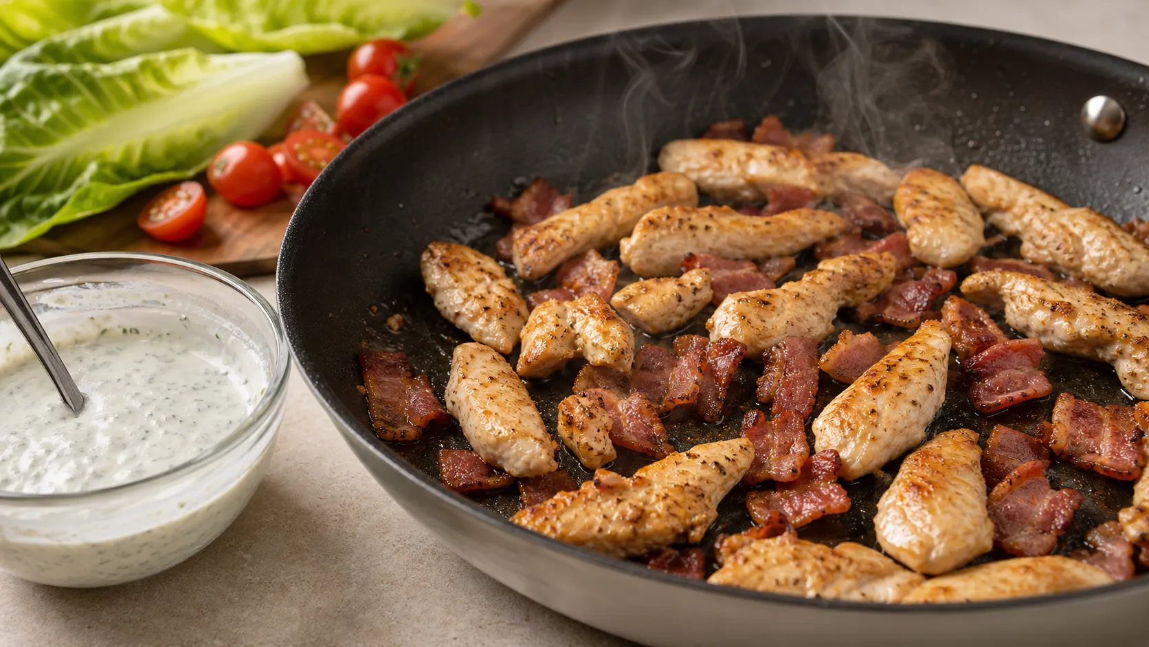 Hähnchenstreifen und Speck braten goldbraun in der Pfanne, daneben das angerührte Ranch-Dressing