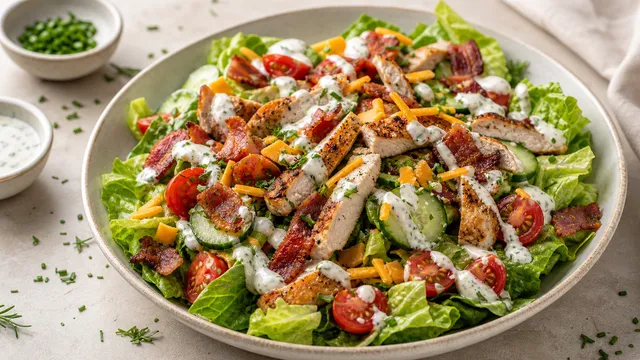 Keto Hähnchen-Ranch-Salat mit gebratenen Hähnchenstreifen, knusprigem Speck, Cheddar, Cherry-Tomaten und cremigem Dressing in einer Schüssel