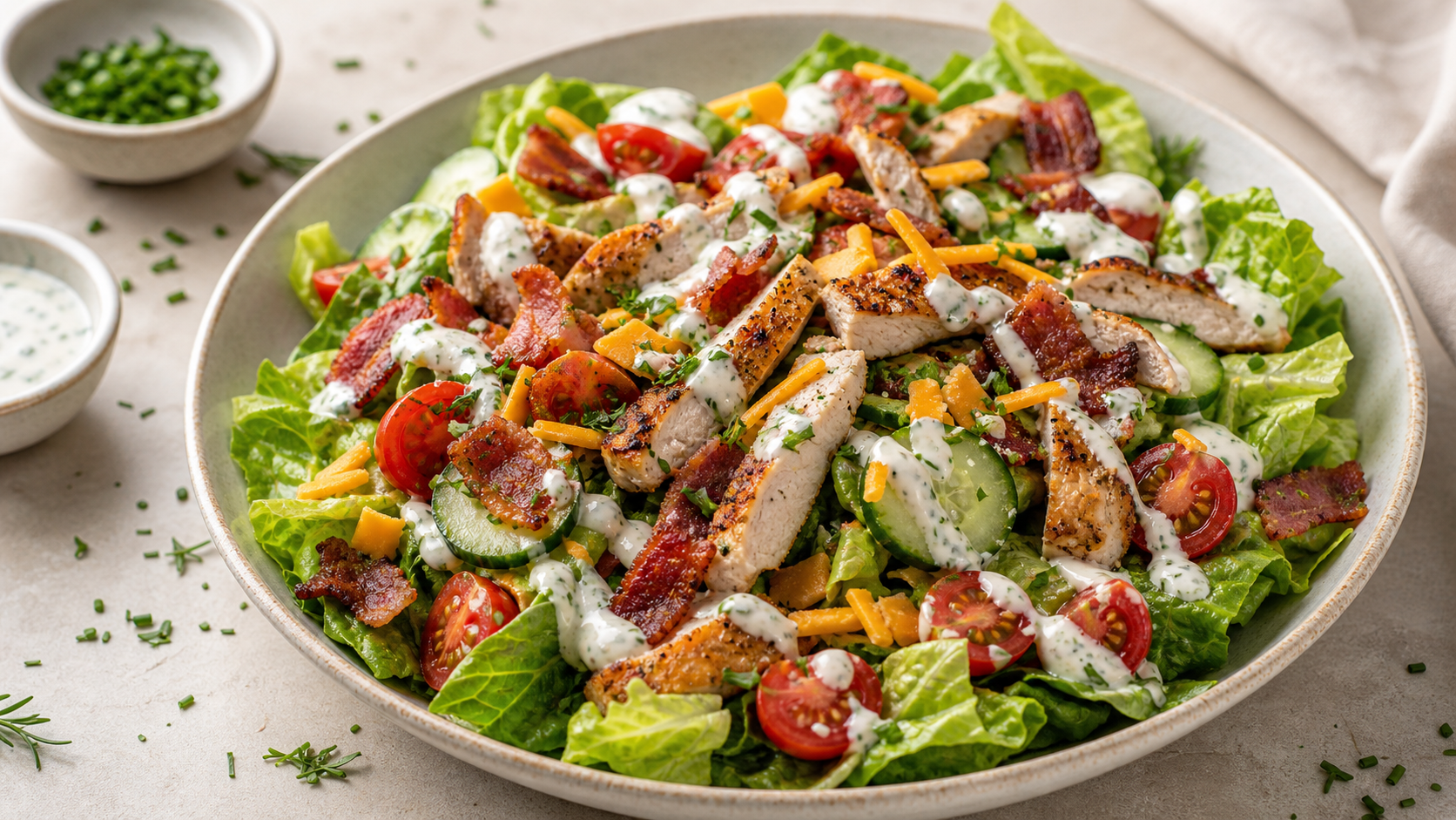 Keto Hähnchen-Ranch-Salat mit gebratenen Hähnchenstreifen, knusprigem Speck, Cheddar, Cherry-Tomaten und cremigem Dressing in einer Schüssel