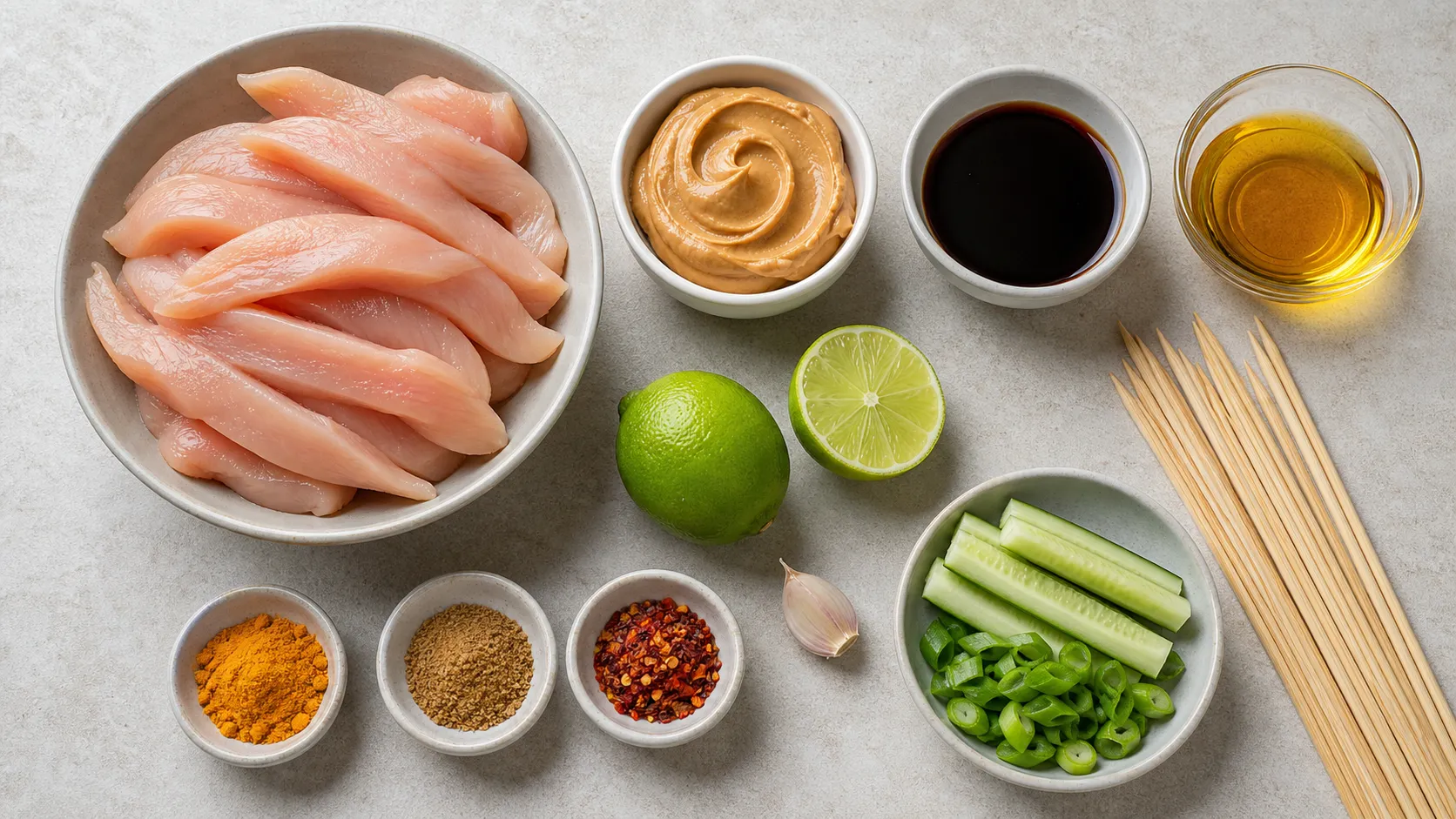Zutaten für Keto-Hähnchen-Satay mit Hähnchenbrust, Erdnussbutter, Sojasauce, Sesamöl, Limette und Gewürzen