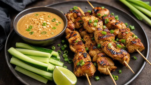 Keto-Hähnchen-Satay-Spieße mit cremiger Erdnusssauce, Gurkensticks und Frühlingszwiebeln