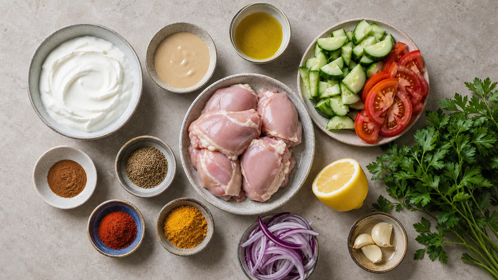 Zutaten für die Keto Hähnchen-Shawarma-Bowl: Hähnchenschenkel, Kreuzkümmel, Kurkuma, Paprikapulver, Zimt, Gurke, Tomate, Joghurt, Tahini und Olivenöl