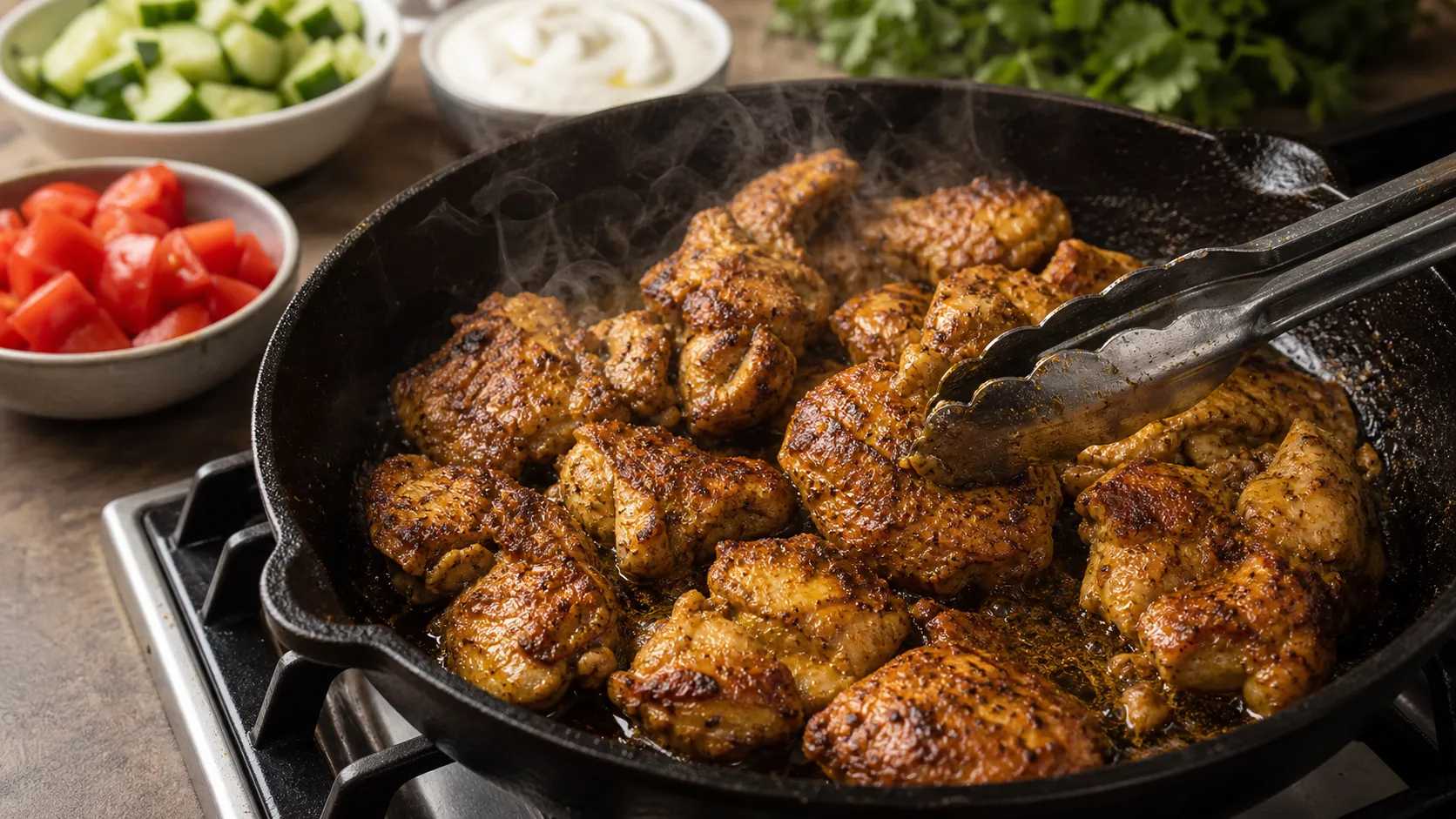 Hähnchenschenkel werden in einer Pfanne mit Shawarma-Gewürzen goldbraun angebraten für die Keto Shawarma-Bowl