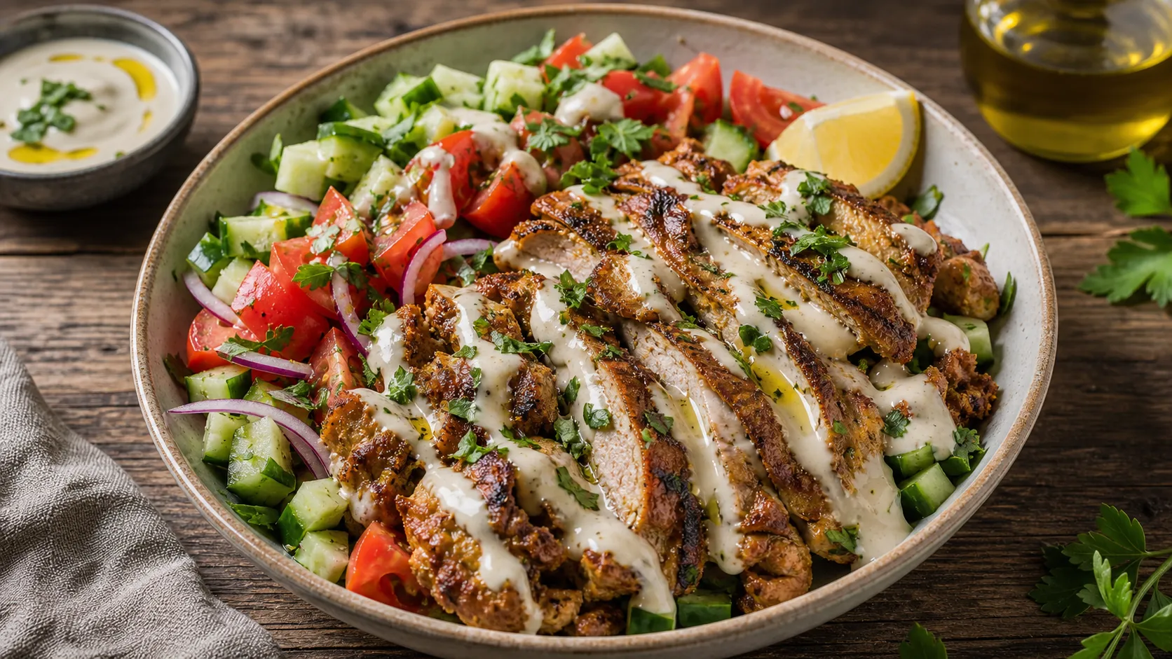Bunte Keto-Bowl mit Hähnchen, Gemüse und cremigem Dip als einfache Wochenplan-Mahlzeit
