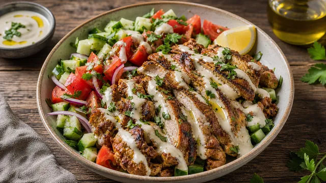 Keto Hähnchen-Shawarma-Bowl mit goldbraun gebratenen Hähnchenschenkeln, Gurkenwürfeln, Tomaten und cremiger Joghurt-Tahini-Sauce in einer Schüssel