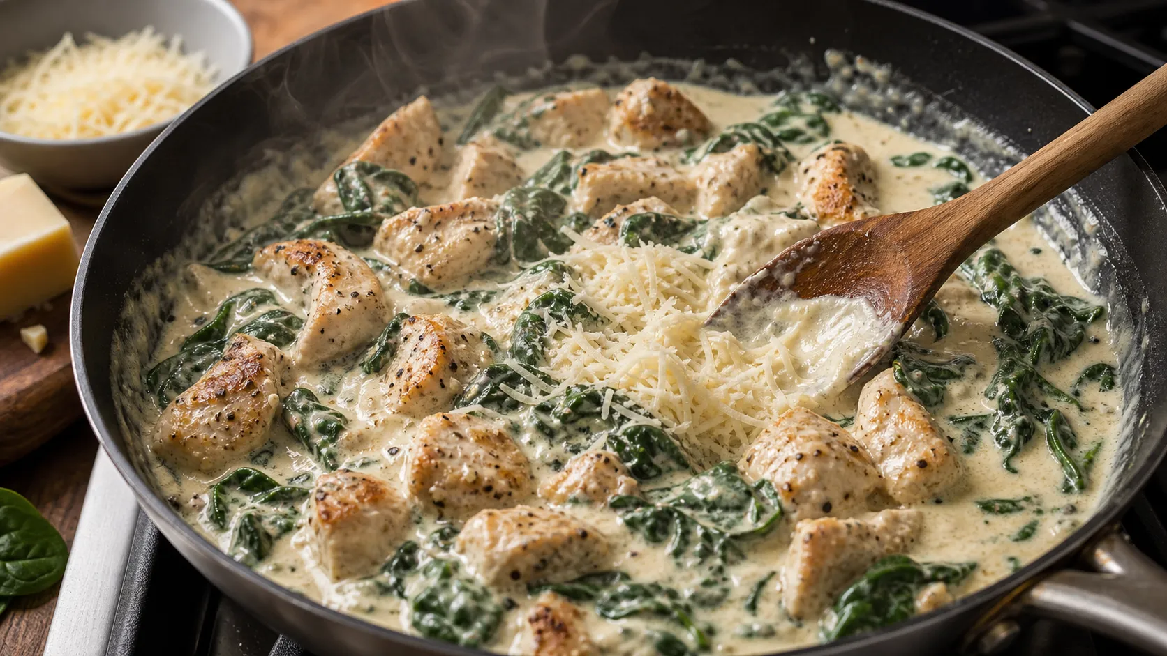 Parmesan wird in die cremige Sahne-Butter-Sauce eingerührt für die Keto-Alfredo-Sauce