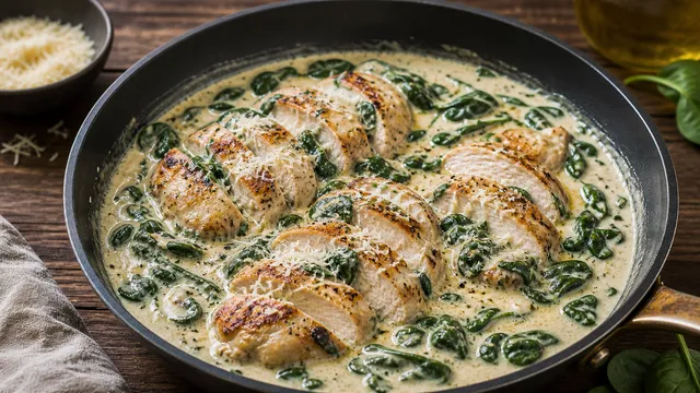 Keto-Hähnchen-Spinat-Alfredo mit cremiger Parmesan-Sahne-Sauce und frischem Spinat in einer tiefen Pfanne