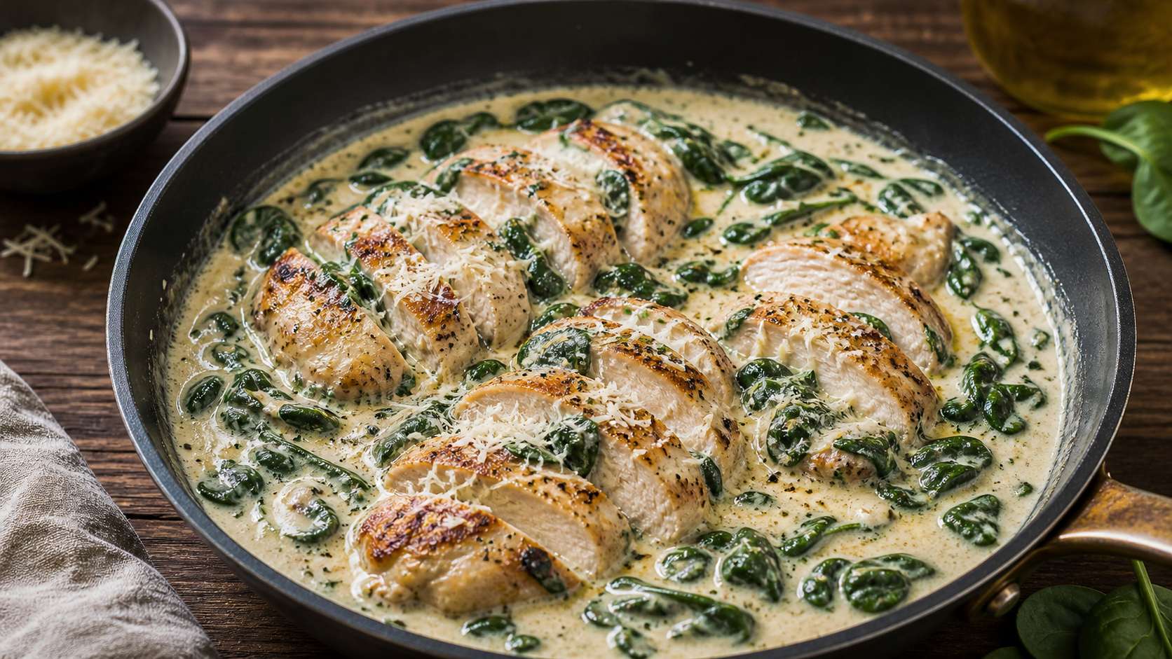 Keto-Hähnchen-Spinat-Alfredo mit cremiger Parmesan-Sahne-Sauce und frischem Spinat in einer tiefen Pfanne