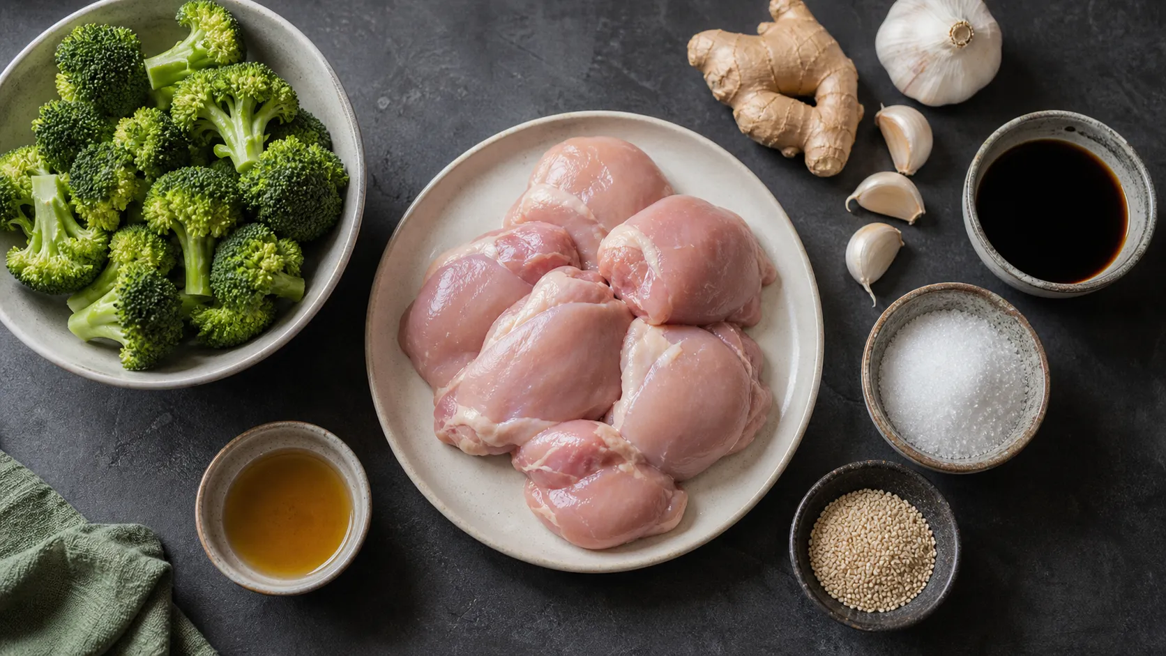 Zutaten für Keto Hähnchen-Teriyaki: Hähnchenschenkel, Sojasauce, Erythrit, Ingwer, Knoblauch, Sesamöl, Brokkoli und Sesamkoerner