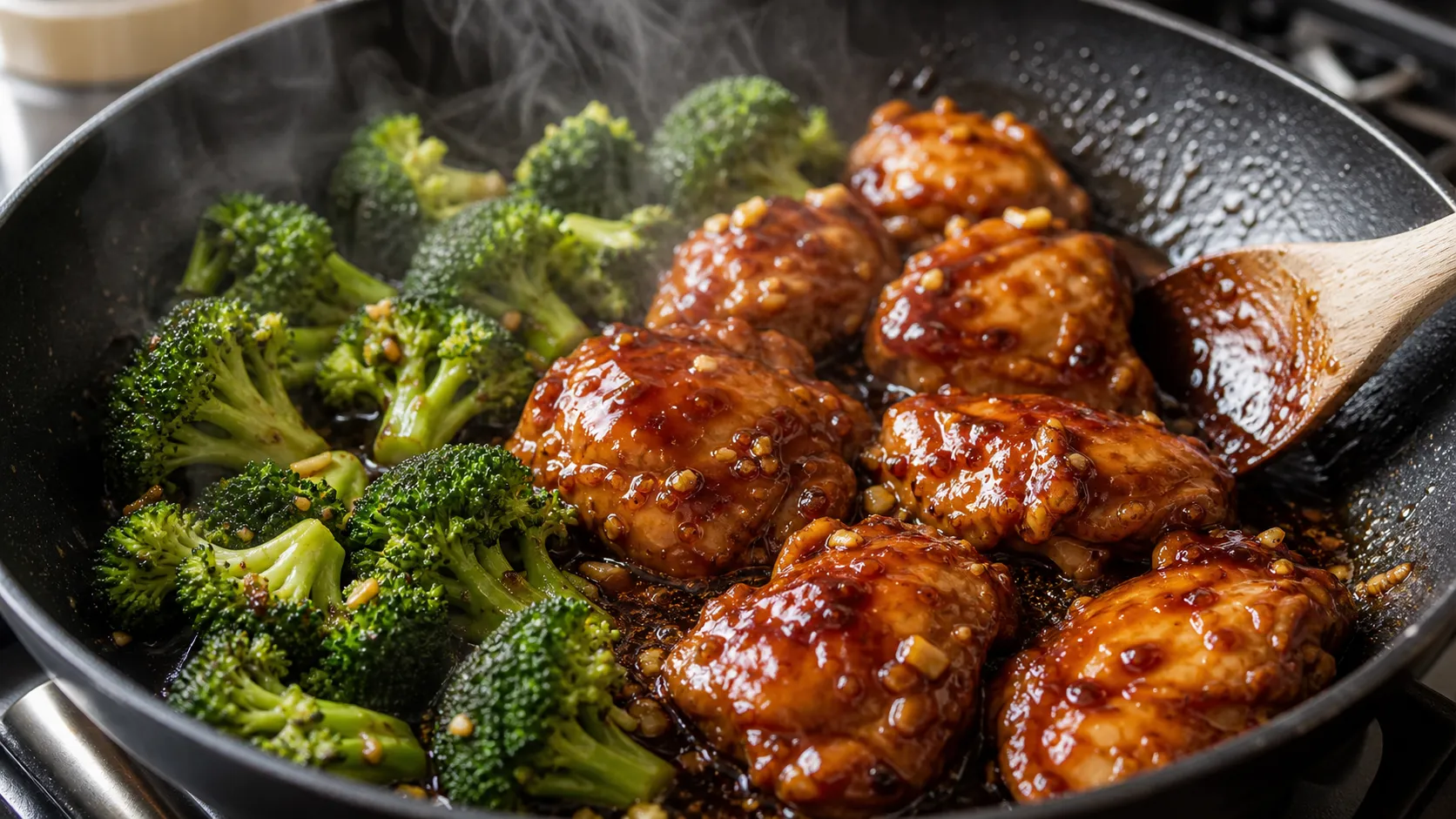 Hähnchenschenkel werden in einer Pfanne mit zuckerfreier Teriyaki-Sauce glasiert für das Keto-Teriyaki-Gericht