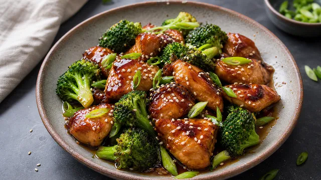 Keto Hähnchen-Teriyaki mit glaenzender Sauce und grünem Brokkoli auf einem Teller, bestreut mit Sesamkoernern