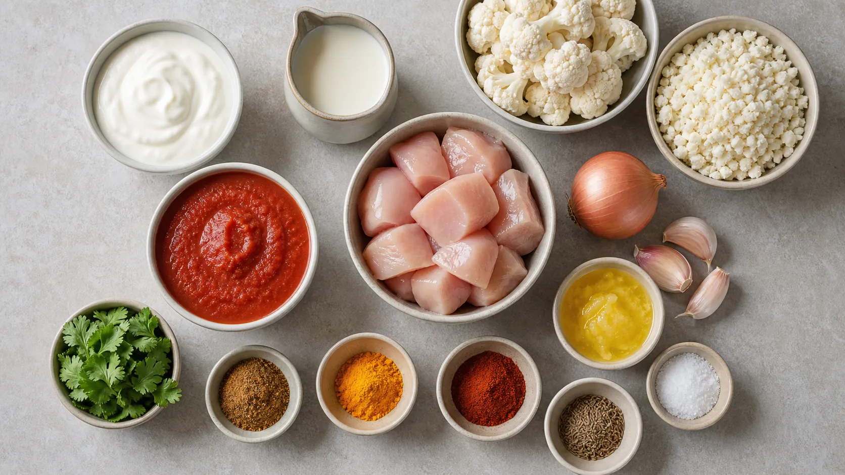 Zutaten für Keto Hähnchen-Tikka-Masala mit Hähnchenbrust, Joghurt, passierten Tomaten, Sahne, Blumenkohl und Gewürzen