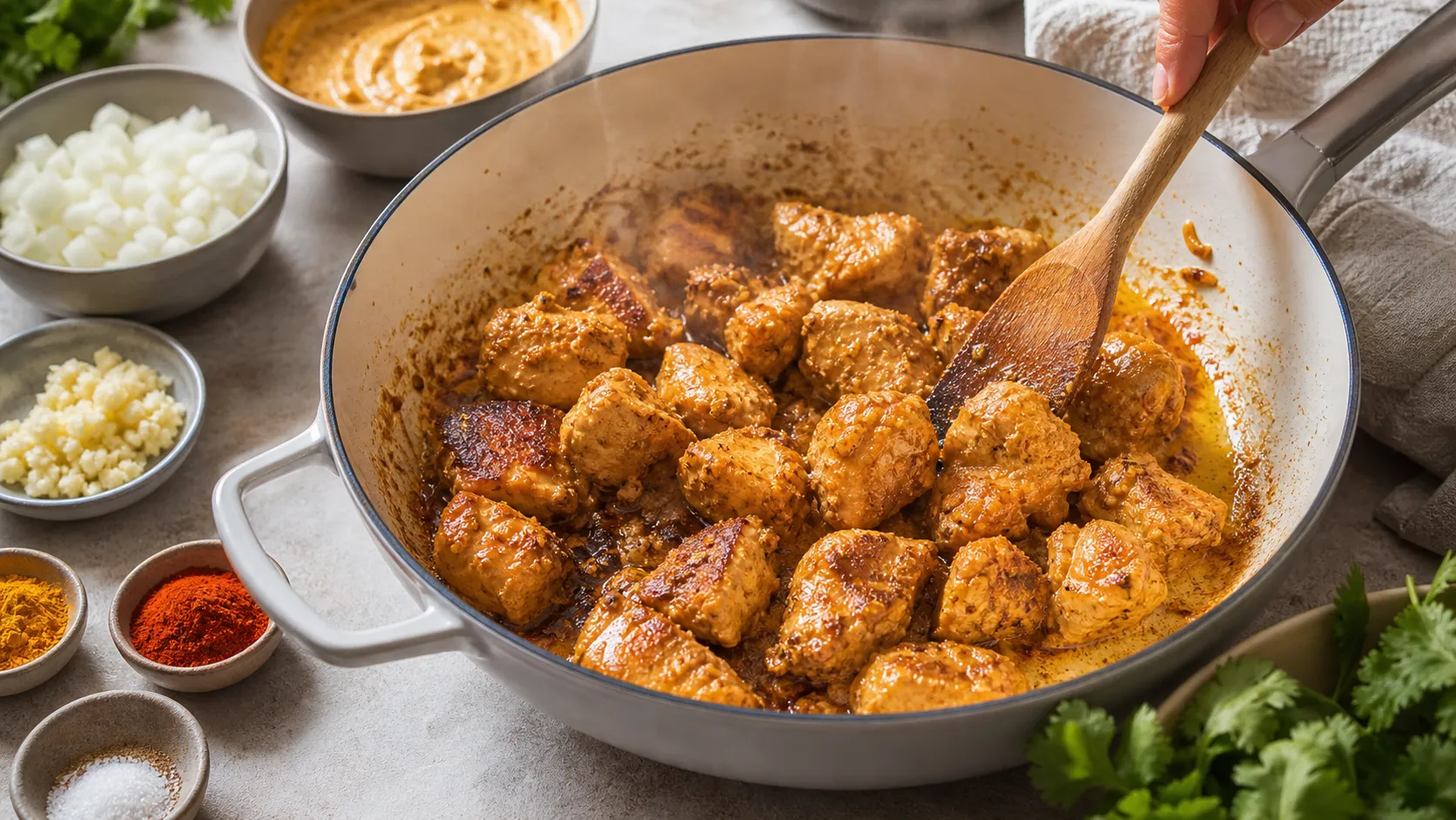 Marinierte Hähnchenwürfel werden für Keto Tikka Masala in Ghee angebraten