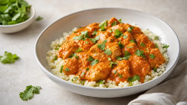Keto Hähnchen-Tikka-Masala mit cremiger Tomaten-Sahne-Sauce auf Blumenkohl-Reis und frischem Koriander