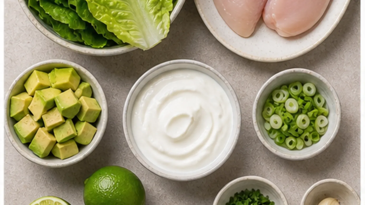 Zutaten für Keto-Hähnchen-Wrap im Salatblatt mit Avocado und Joghurt-Limetten-Dressing: Hähnchenbrustfilet, Olivenöl, Paprikapulver edelsüß, Knoblauchpulver, Salz
