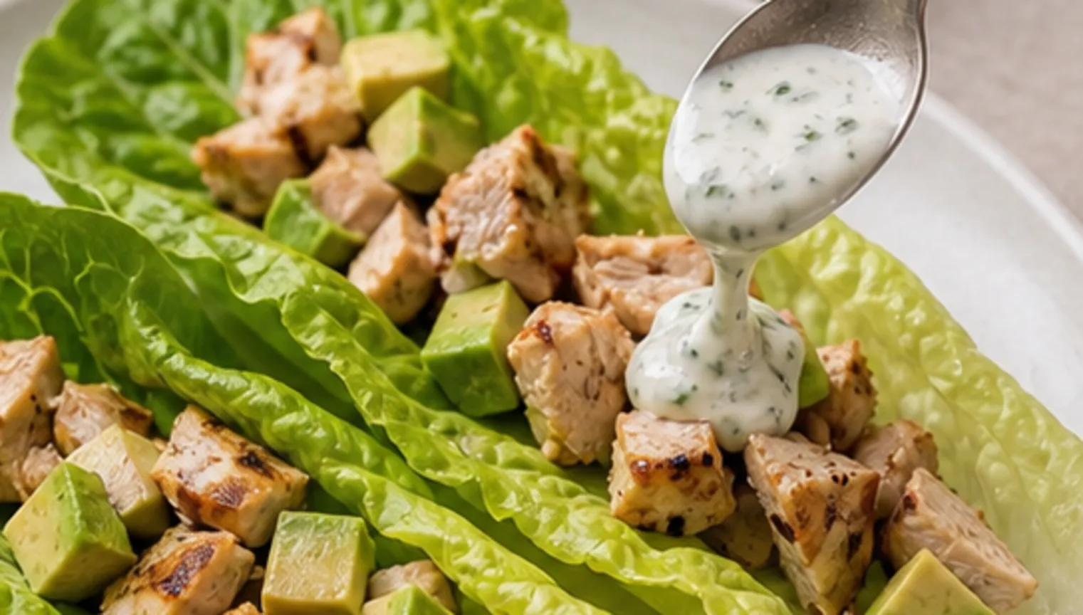 Zubereitungsschritt für Keto-Hähnchen-Wrap im Salatblatt mit Avocado und Joghurt-Limetten-Dressing während der Keto-Rezeptzubereitung
