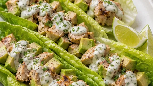 Keto-Hähnchen-Wrap im Salatblatt mit Avocado und Joghurt-Limetten-Dressing fertig angerichtet als ketogenes Rezept