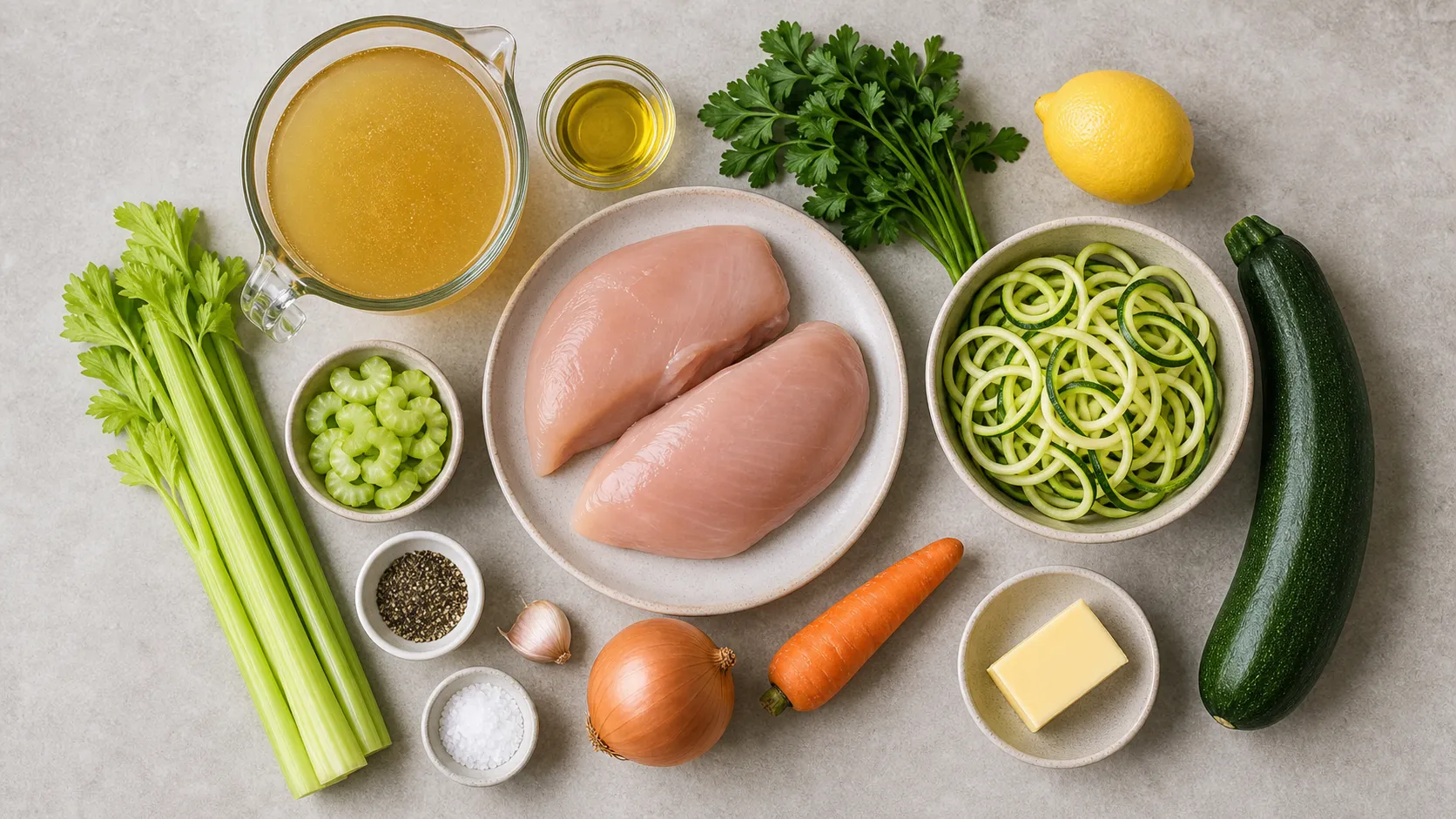 Zutaten für Keto Hähnchen-Zoodle-Suppe: Hähnchenbrust, Zucchini, Sellerie, Zwiebel und Brühe