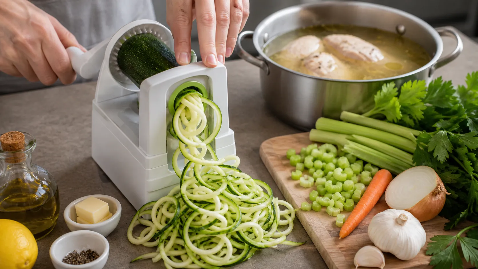 Zucchininudeln werden mit einem Spiralschneider aus Zucchini gedreht
