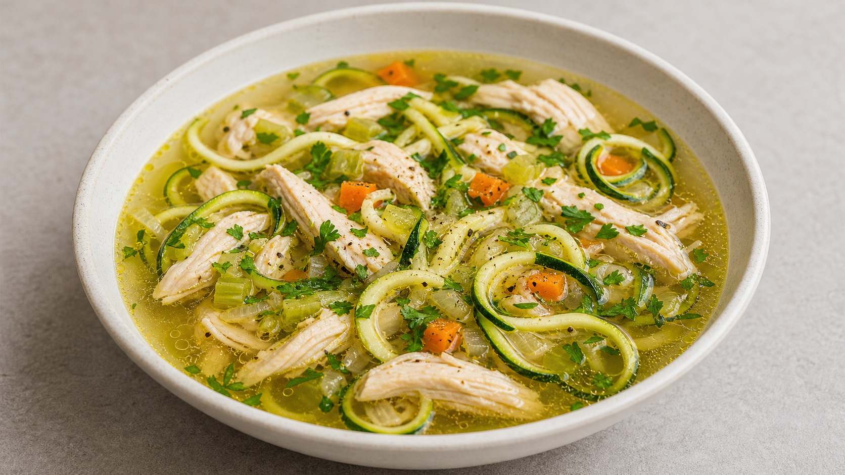Keto Hähnchen-Zoodle-Suppe mit Zucchininudeln, Hähnchenstücken und Petersilie in einer Schale