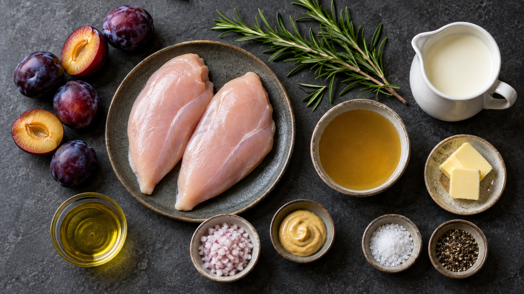 Zutaten für Hähnchenbrust mit Zwetschgen: Hähnchenbrustfilets, frische Zwetschgen, Sahne, Dijon-Senf, Schalotte und Rosmarinzweige