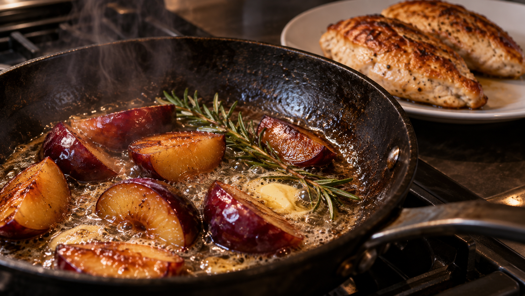 Zwetschgenviertel werden mit Rosmarin in Butter in einer Pfanne angebraten, daneben ruht gebratene Hähnchenbrust