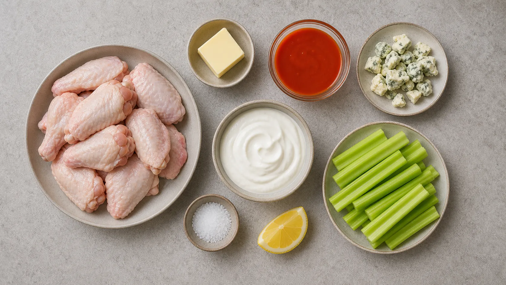 Zutaten für Keto Buffalo Wings: Hähnchenflügel, Butter, Cayennepfeffer-Sauce, Blauschimmelkäse, Schmand, Sellerie und Zitrone