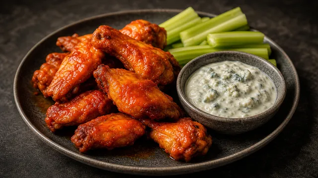 Keto Buffalo Hähnchenflügel mit Blauschimmelkäse-Dip und Selleriestangen ohne Panade