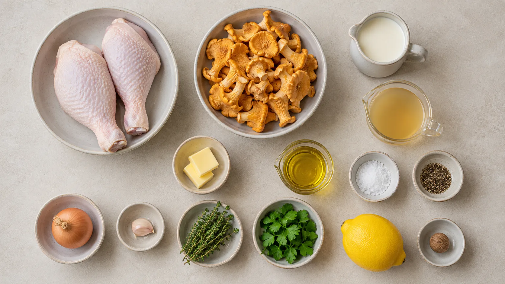 Zutaten für Keto-Hähnchenkeulen: zwei rohe Hähnchenkeulen, frische Pfifferlinge, Sahne, Butter, Zwiebel, Knoblauch, Thymian, Petersilie und Zitrone