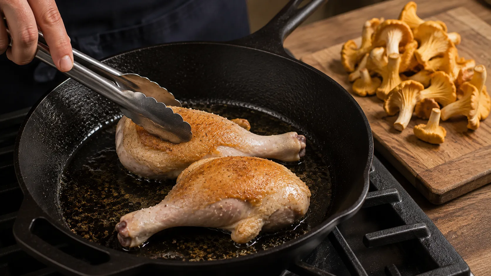Zwei Hähnchenkeulen braten mit der Hautseite nach unten in einer Pfanne, daneben liegen geputzte Pfifferlinge auf einem Brett bereit