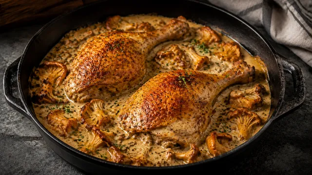 Gusseiserne Pfanne mit zwei Hähnchenkeulen mit goldbrauner, knuspriger Haut in cremiger Sahnesauce mit ganzen Pfifferlingen und gehackter Petersilie