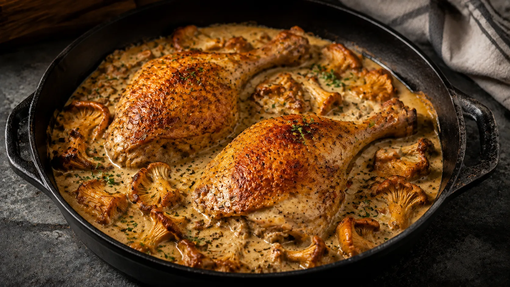 Gusseiserne Pfanne mit zwei Hähnchenkeulen mit goldbrauner, knuspriger Haut in cremiger Sahnesauce mit ganzen Pfifferlingen und gehackter Petersilie